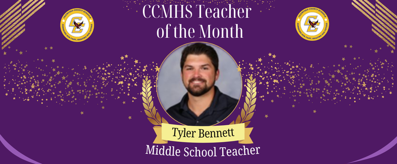 Purple graphic announcing "CCMHS Teacher of the Month." Features a middle school teacher's photo, adorned with gold laurels, conveying achievement.
