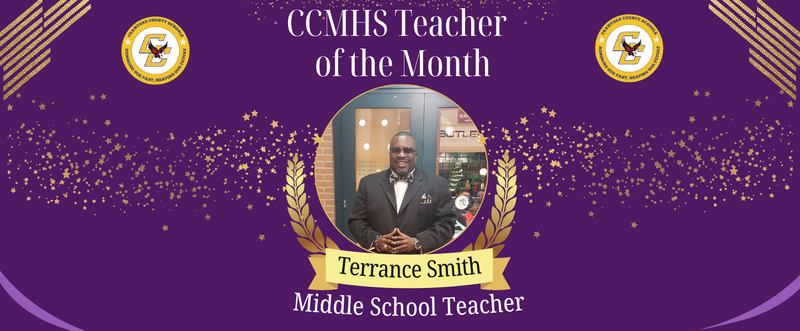 Purple banner celebrating "CCMHS Teacher of the Month" with central image of a smiling man in a suit, framed by laurel leaves and gold accents.