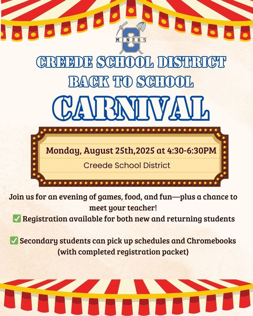 Back to school carnival, August 25th 4:30-6:30pm.  Registration available for new and returning students.