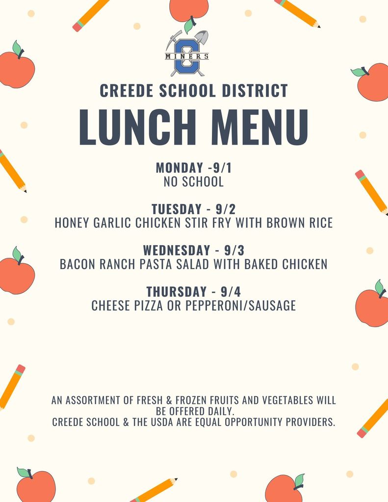 Week of September 2nd Lunch Menu.  Monday 9/1 no school, Tuesday 9/2 Honey Garlic Chicken Stir Fry with Brown Rice, Wednesday 9/3 Bacon Ranch Pasta Salad with Baked Chicken, Thursday 9/4 cheese or pepperoni pizza