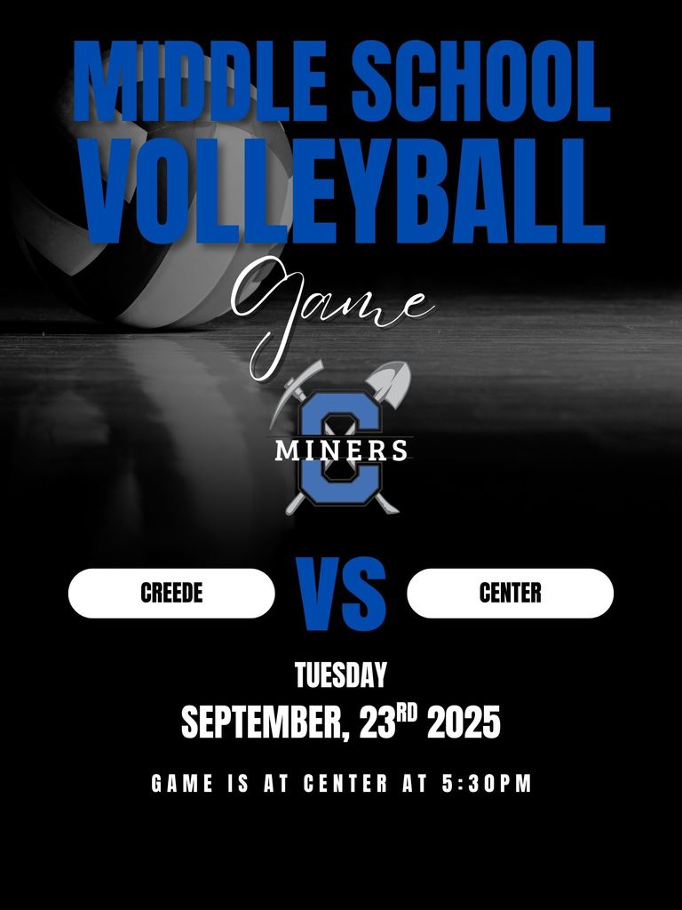 Middle School Volleyball Game vs. Center.  Tuesday, September 23rd at 5:30pm.  Game is at Center.