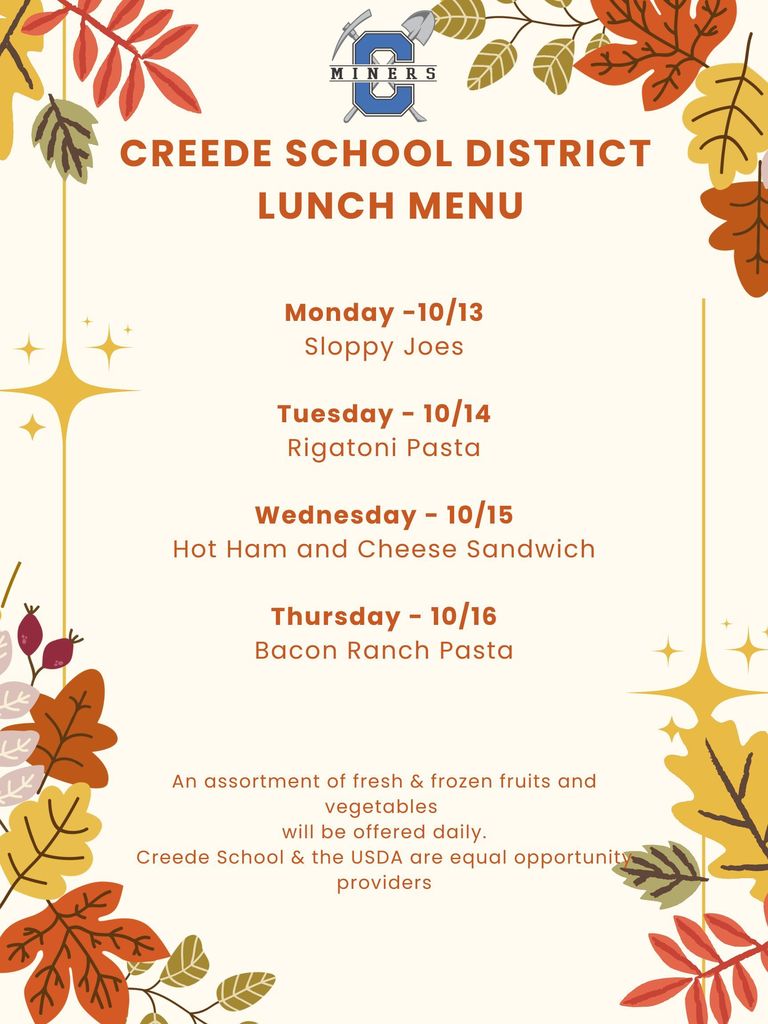 Lunch menu for the week of October, 13th, 2025