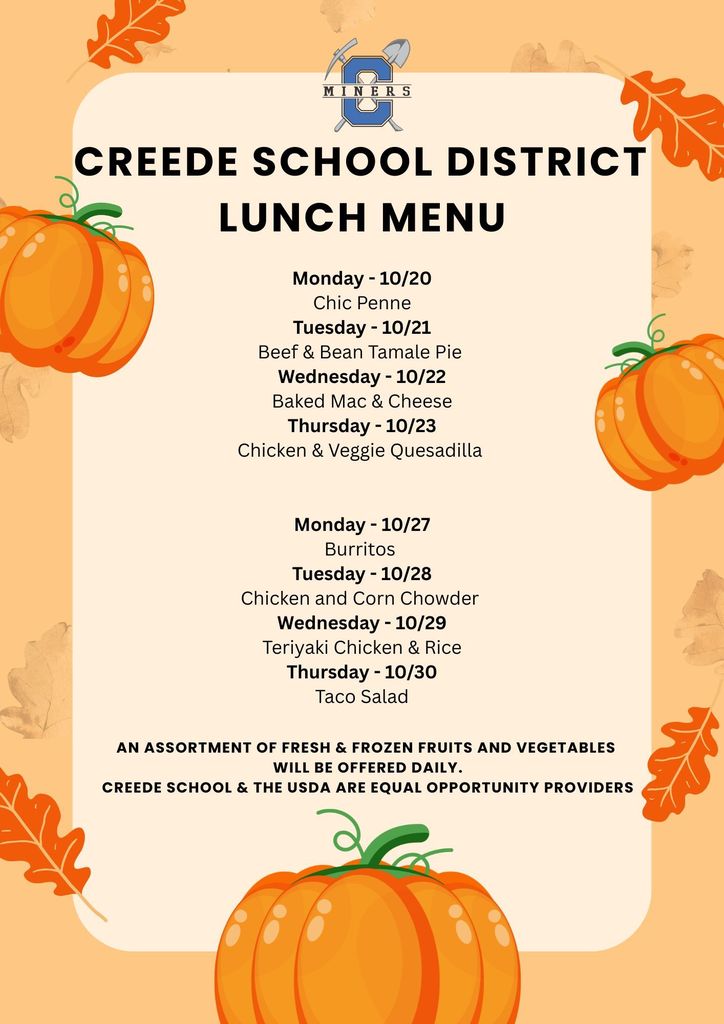 Creede School District October Lunch Menu.
