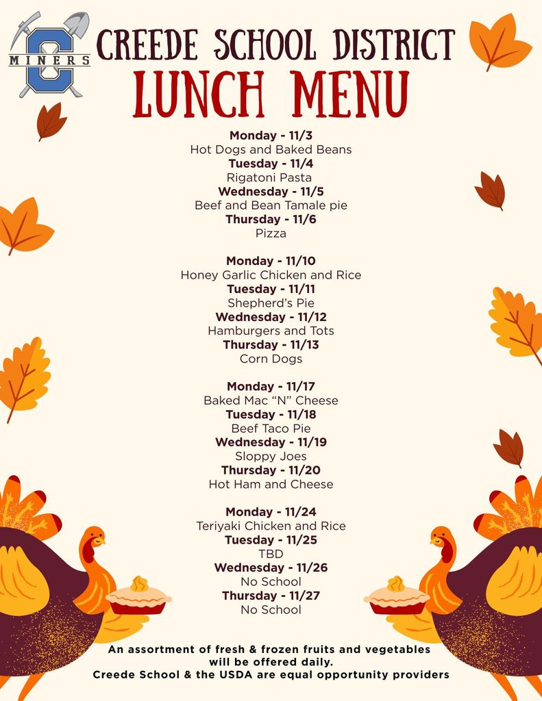 Creede School District Lunch Menu for the month of November.
