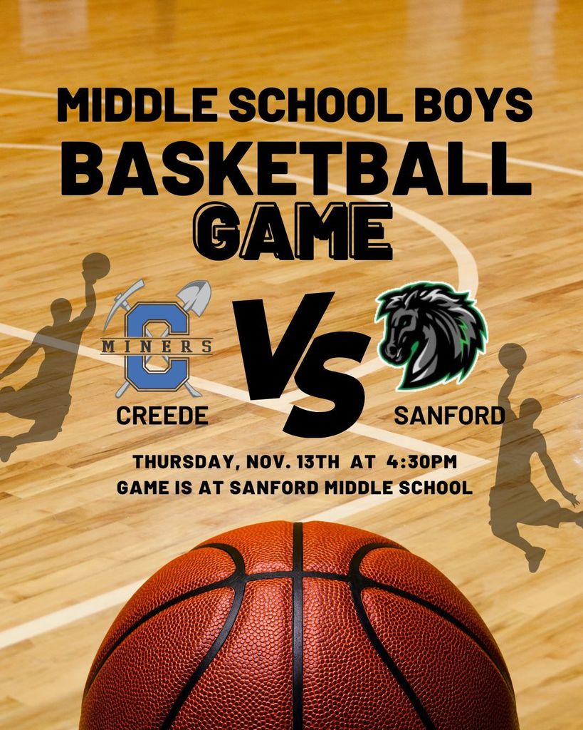 Middle School Boys Basketball Game vs. Sanford.  Thursday, November 13th at 4:30pm.  Game is at Sandford Middle School.