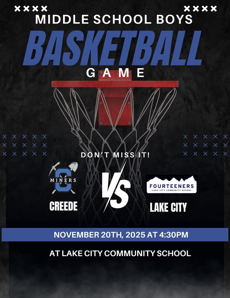 Middle School Boys Basketball Game vs. Lake City.  Thursday, November 20th at 4:30pm.  Game is at Lake City Community School.