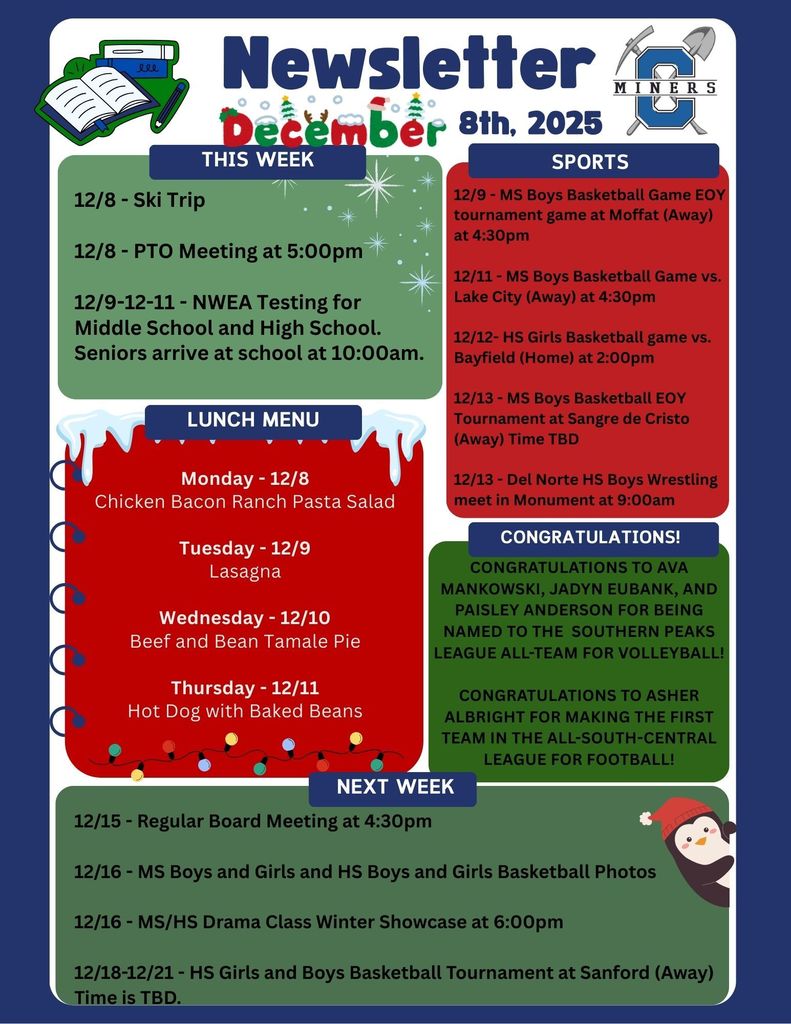 Creede School District newsletter for the week of December 8th 2025.