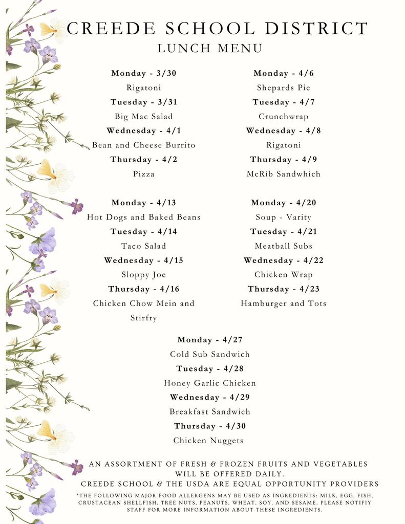 Creede School District Lunch Menu for April
