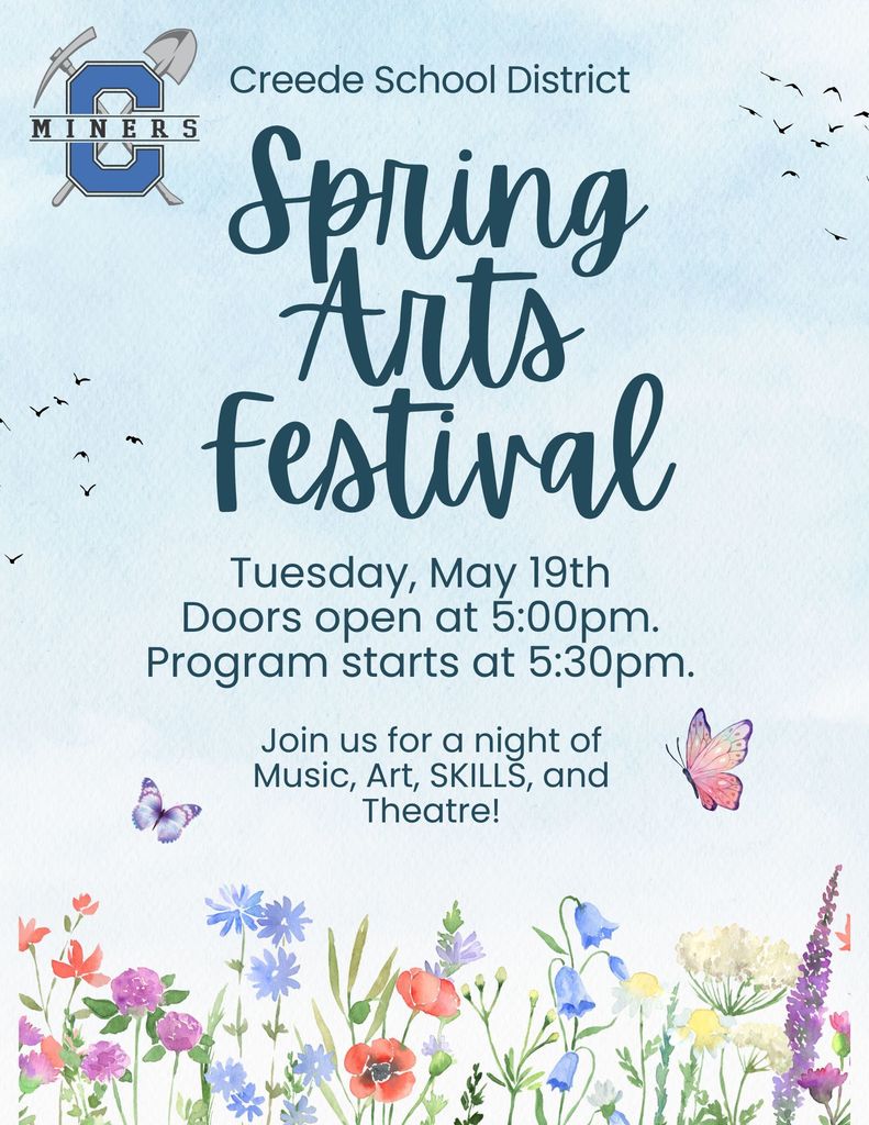Spring Arts Festival.  Tuesday, May 19th Doors open at 5:00pm. Program starts at 5:30pm.  Join us for a night of Music, Art, SKILLS, and Theatre!