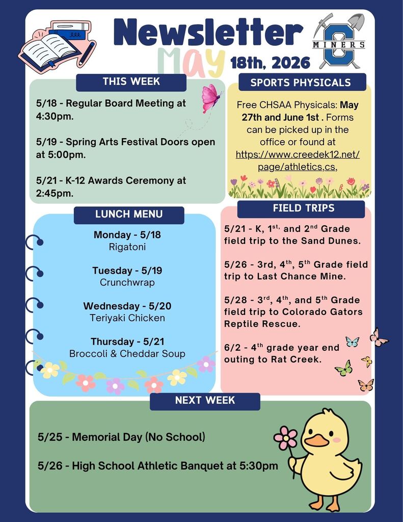 Creede School District Newsletter for the week of May 18th, 2026.