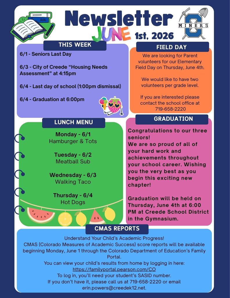Creede School District Newsletter for the week of June 1st, 2026.