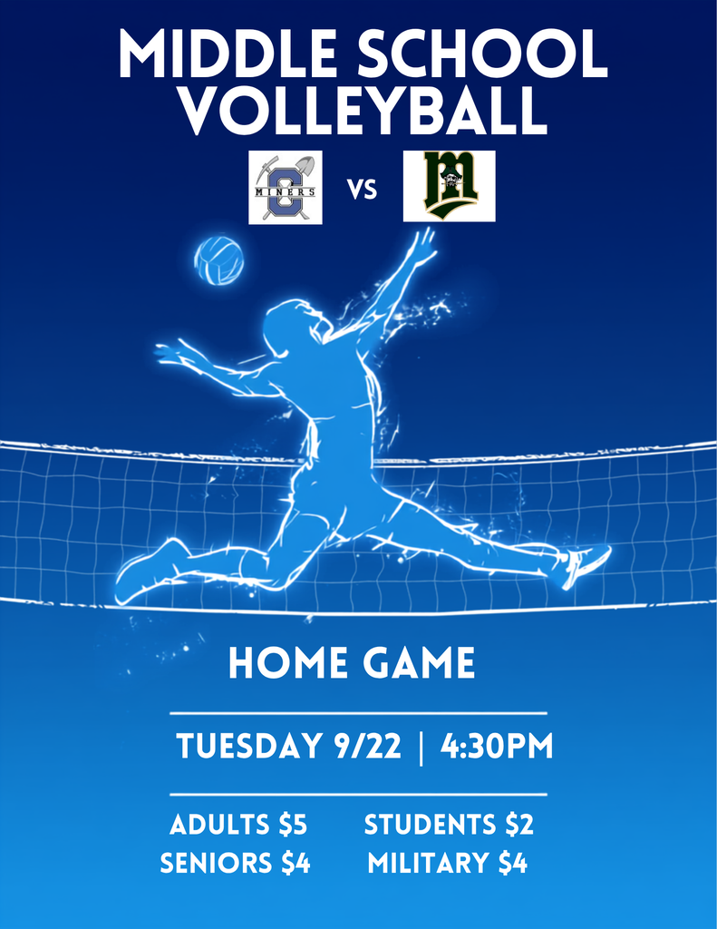 Middle School Volleyball Game Tuesday September 22 at 4:30pm