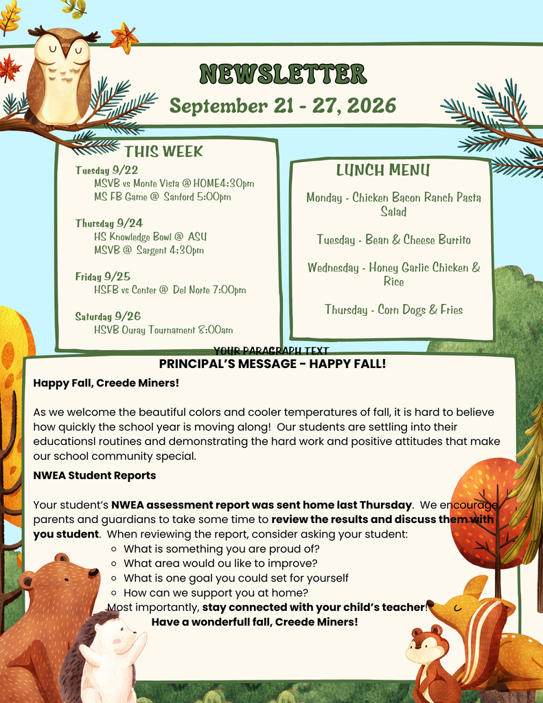 Weekly Newsletter with activities, lunch menu, and information about NWEA testing.
