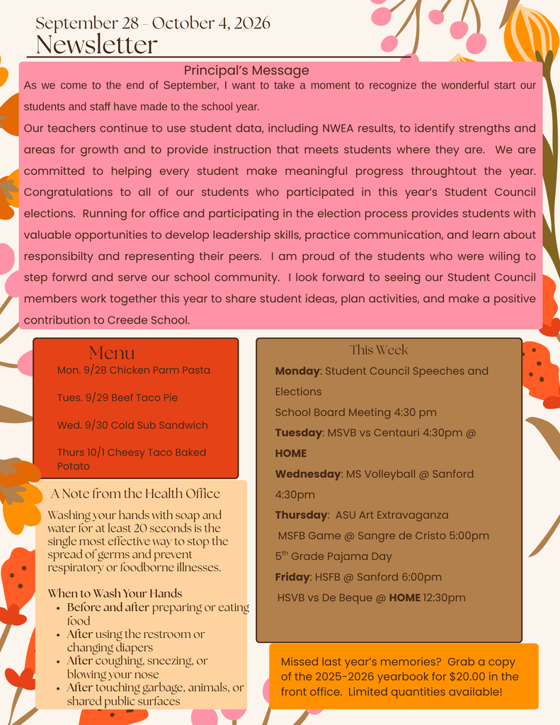 Weekly newsletter with menu choices, upcoming events, info on washing hands, and a message from the principal.