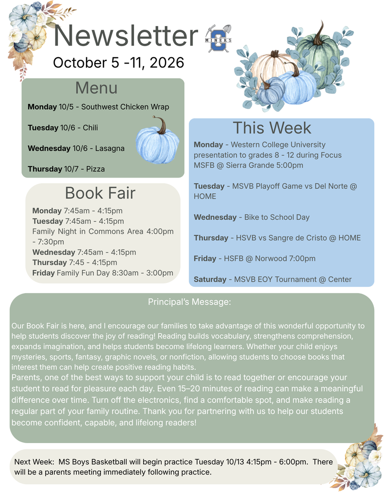 Weekly newsletter with menu, weekly activities, book fair information, and principal's message