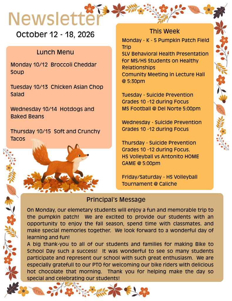 Weekly newsletter with menu items, uncoming events, and a message from the principal