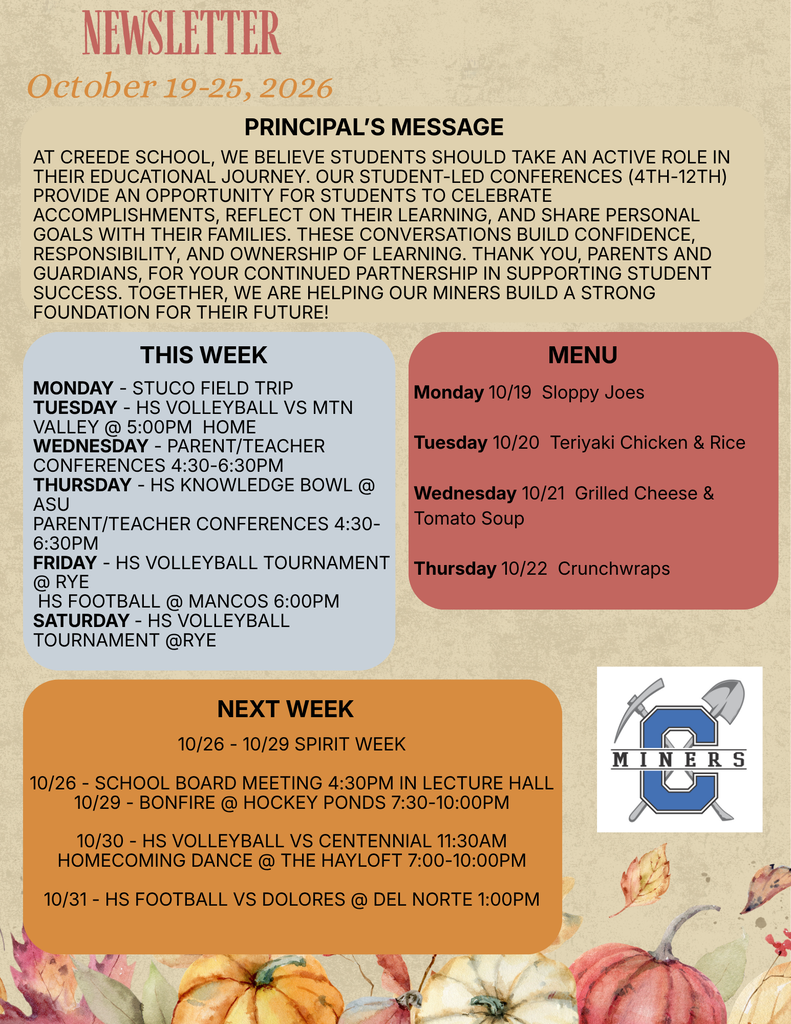Weekly newsletter with principal's message, weekly schedule, menu items, and next week at a glance