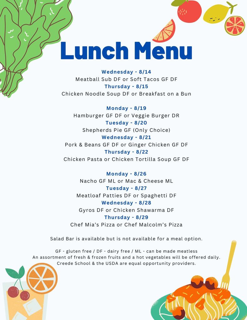 Aug Lunch Menu