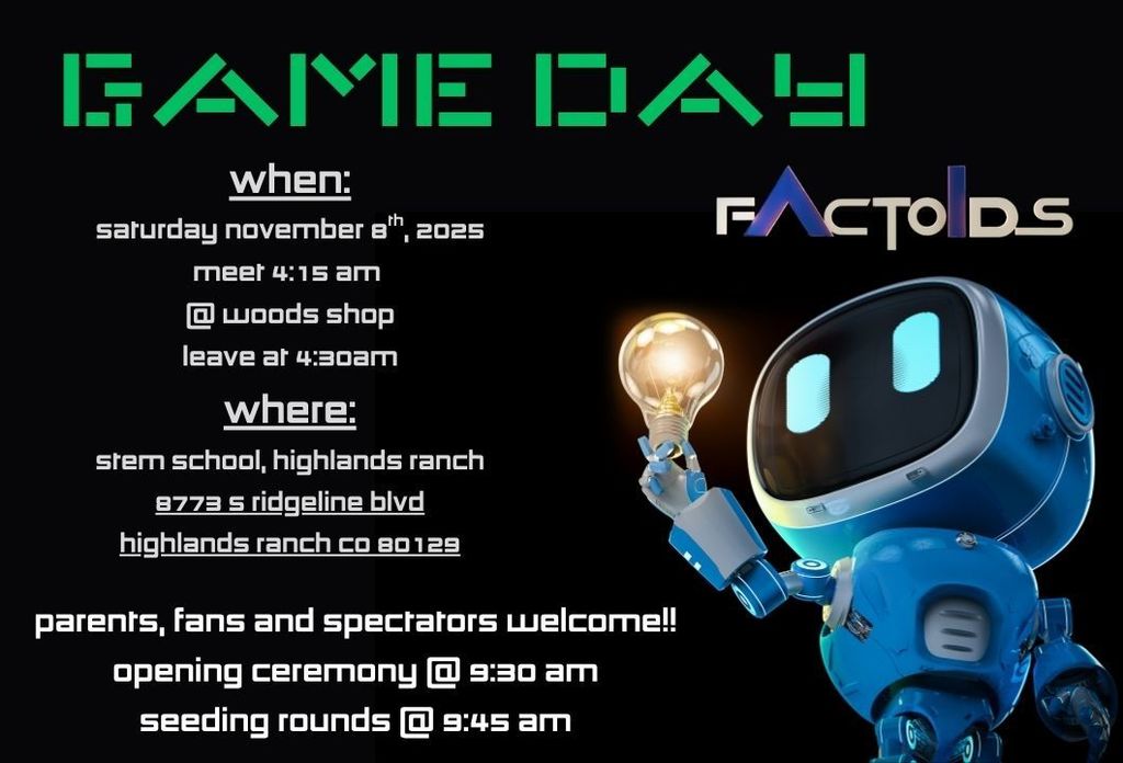 Infographic describing Creek Valley Game Day, November 8th, Fans and Spectators welcome. Opening ceremony @ 9:30 am. Factoids above a robot