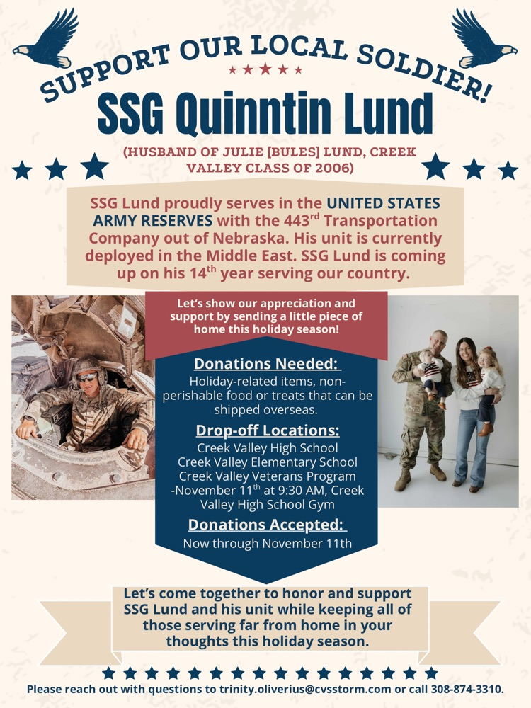 a poster accepting donations of non perishable food items and holiday treats to be sent to a currently deployed unit of the US Army Reserves.  