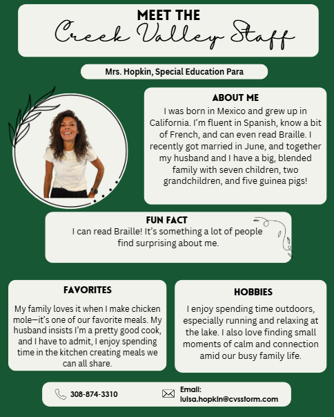 Creek Valley Schools Staff Spotlight featuring Mrs. Hopkin, Para