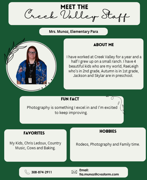 Creek Valley Schools Staff Spotlight featuring Mrs. Munoz,  Para