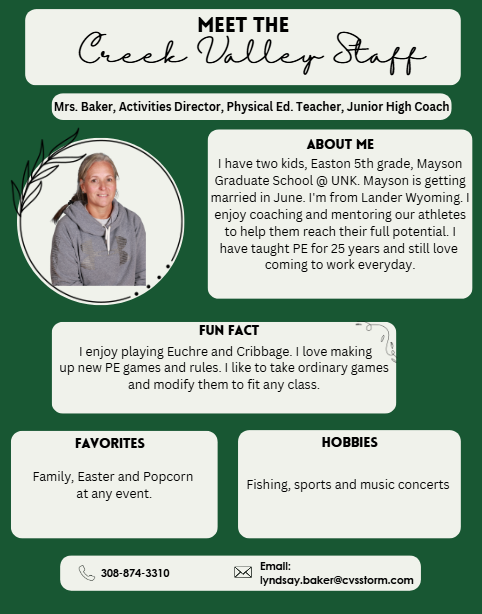 Creek Valley Schools Staff Spotlight featuring Mrs. Baker, AD and PE Teacher and Junior High Soach
