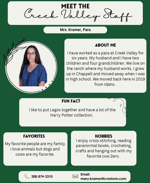 Creek Valley Schools Staff Spotlight featuring Mrs. Kramer, Para