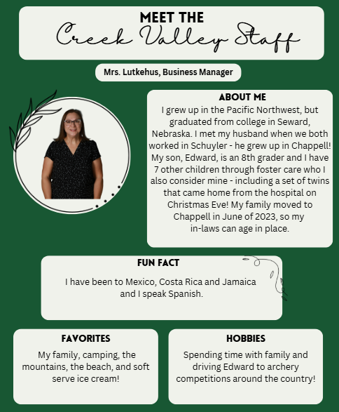 Creek Valley Schools Staff Spotlight featuring Mrs.Lutkehus, Business Manager