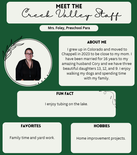 Creek Valley Schools Staff Spotlight featuring Mrs. Foley, CV Preschool  Para
