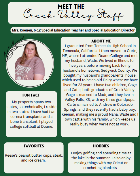 Creek Valley Schools Staff Spotlight featuring Mrs. Koenen, Sped Teacher