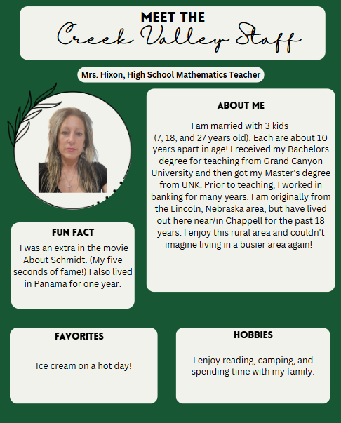 Creek Valley Schools Staff Spotlight featuring Mrs. Hixon, Math Teacher