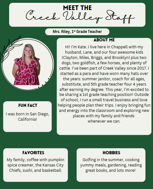 Creek Valley Schools Staff Spotlight featuring Mrs. Riley