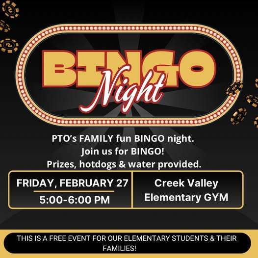 PTO Bingo Night is this Friday in the elementary gym from 5-6 pm