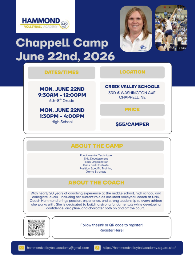 Volleyball camp information for 6th-11th graders on june 22nd.