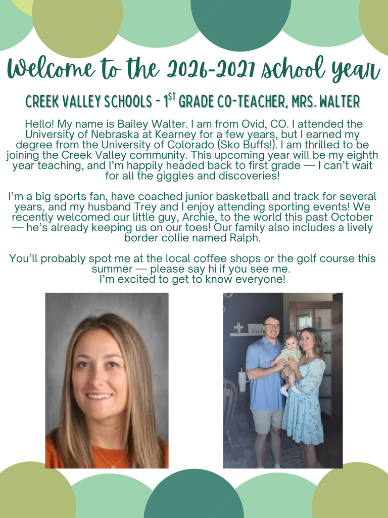Welcome to Creek Valley Mrs. Walter, co-teacher for 1st grade 26-27 School year.