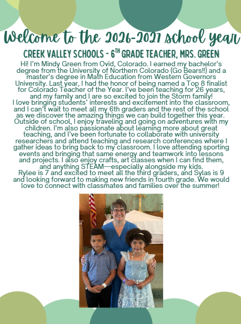 Welcome Mrs. Green, 6th grade teacher