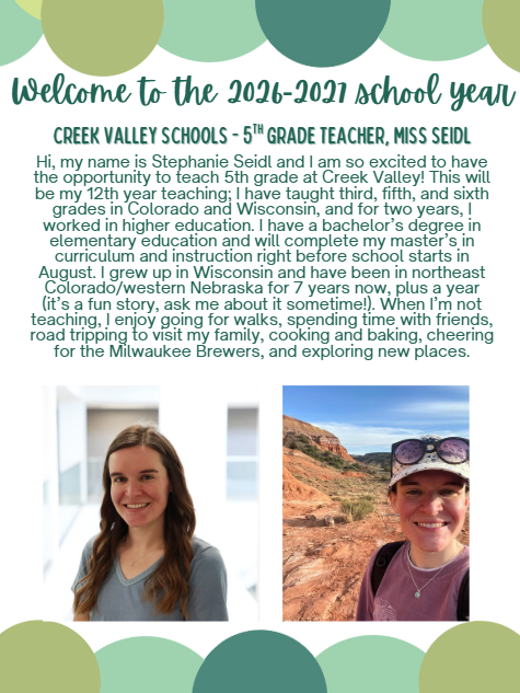 Welcome to Creek Valley Miss Seidl, 5th grade teacher