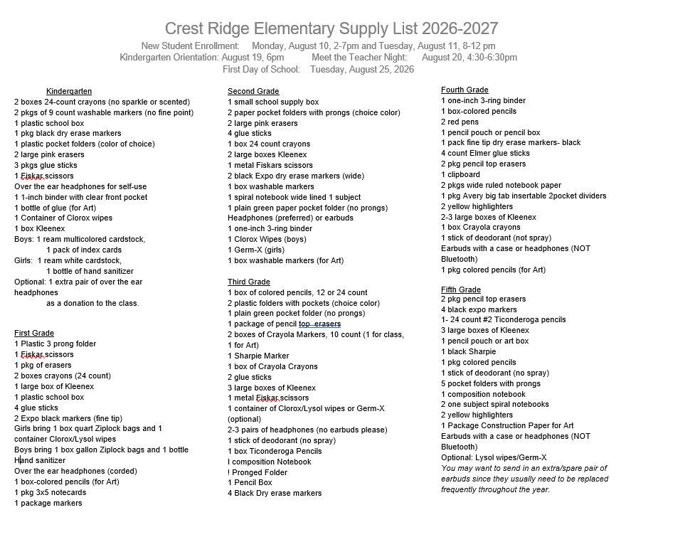 26-27 School Supply Lists