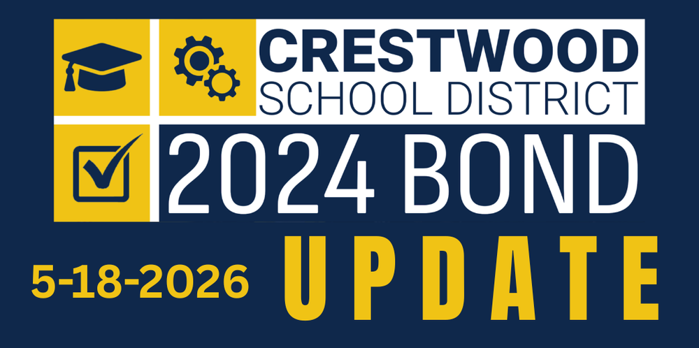 A bold informational graphic with a dark navy blue background announces a “Crestwood School District 2024 Bond Update.” The design uses the school colors of navy blue, white, and gold. At the top center is a white rectangular banner containing the Crestwood School District logo and text. On the left side of the banner are three gold squares outlined in white. The top left square contains a navy blue graduation cap icon. The top right square contains two navy blue gear icons. The bottom left square contains a navy blue checkmark inside a square box. To the right of these icons, large navy blue text reads “CRESTWOOD SCHOOL DISTRICT.” Below the banner, very large white text reads “2024 BOND.” Underneath that, large gold block letters spell “UPDATE.” In the lower left corner, large gold text displays the date “5-18-2026.” The overall graphic uses a clean, modern layout with bold typography and symbolic icons representing education, technology, and progress related to the school district bond update.