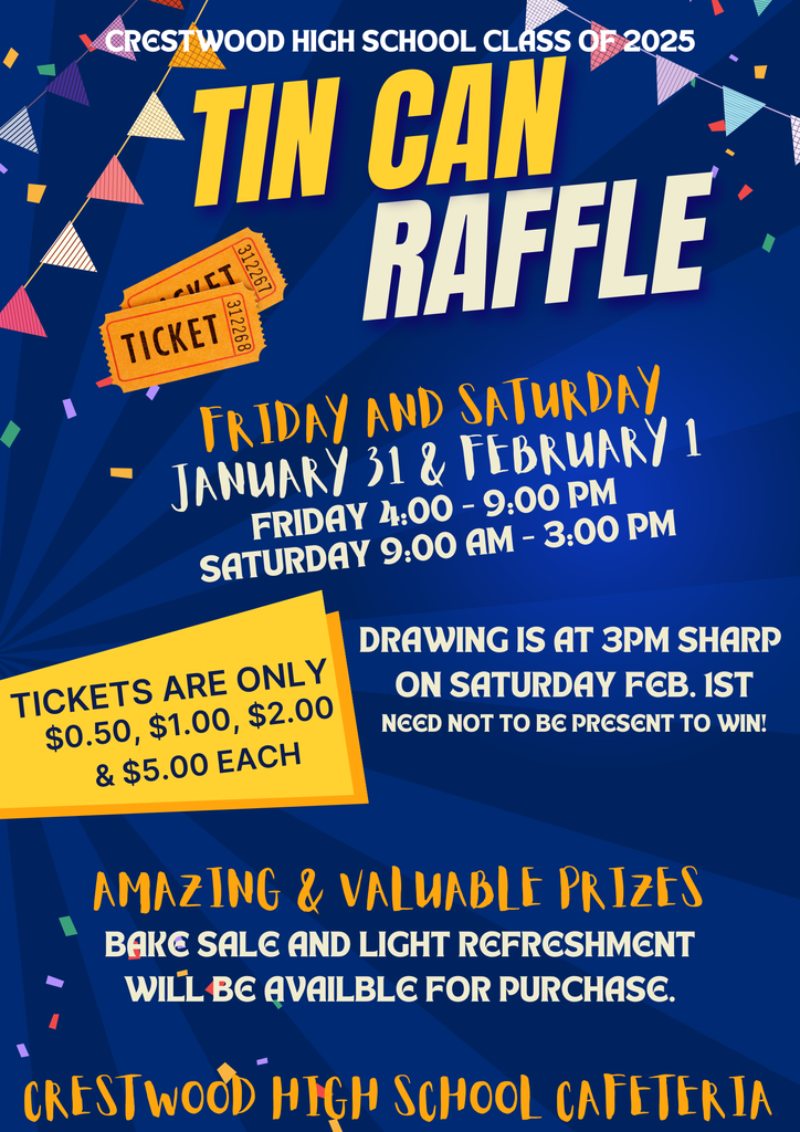 Come win great prizes at this year’s 28th annual Tin Can Raffle on January 31st from 4-9 PM and February 1st from 9-3 PM. There are so many amazing prizes! We can't wait to see you there!