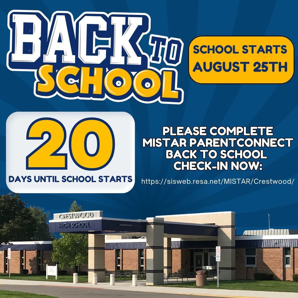 20 more days of summer until we see you on August 25th for the first day of school! Parents and Guardians - please log onto ParentConnect to complete the back to school check-in!   It is important that we have up to date information to start the year.