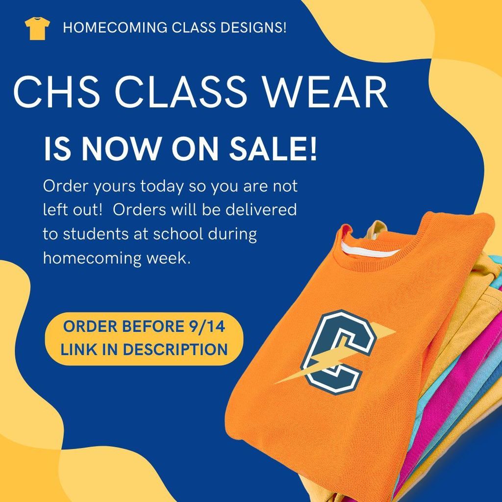 Don't delay!  Order your class wear for homecoming today!  The last day to order your class wear is Sunday, September 14th at 11:59 PM.  All orders will be delivered to students during the week of homecoming.   Class of 2026:  https://tinyurl.com/5n82c68b  Class of 2027:  https://tinyurl.com/4xmxby5j  Class of 2028:  https://tinyurl.com/4z2xe6bv  Class of 2029:  https://tinyurl.com/4few9a53