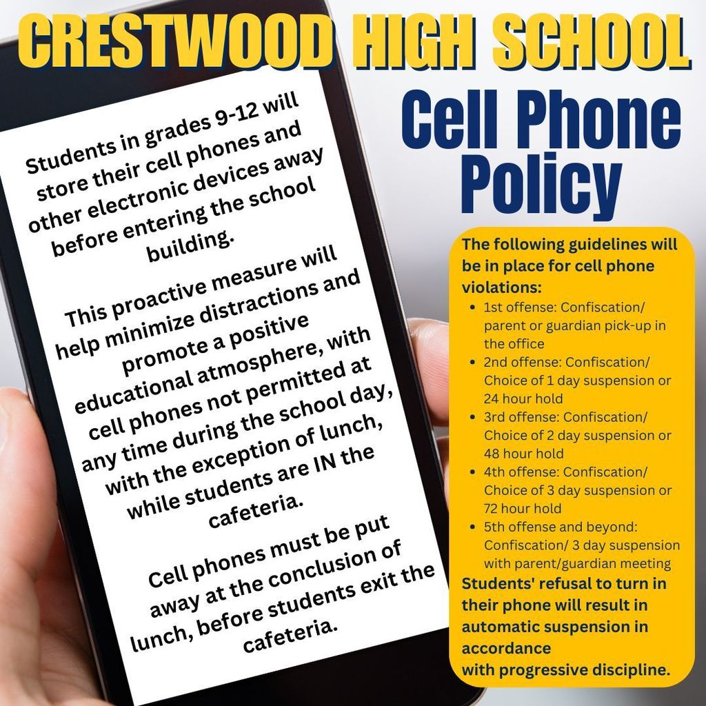 1st offense: Confiscation/ parent or guardian pick-up in the office 2nd offense: Confiscation/ Choice of 1 day suspension or 24 hour hold 3rd offense: Confiscation/ Choice of 2 day suspension or 48 hour hold 4th offense: Confiscation/ Choice of 3 day suspension or 72 hour hold 5th offense and beyond: Confiscation/ 3 day suspension with parent/guardian meeting