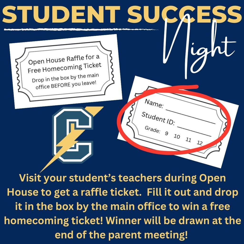 Visit your student's teachers during Open House to get a raffle ticket. Fill it out and drop it in the box by the main office to win a free homecoming ticket! Winner will be drawn at the end of the parent meeting!