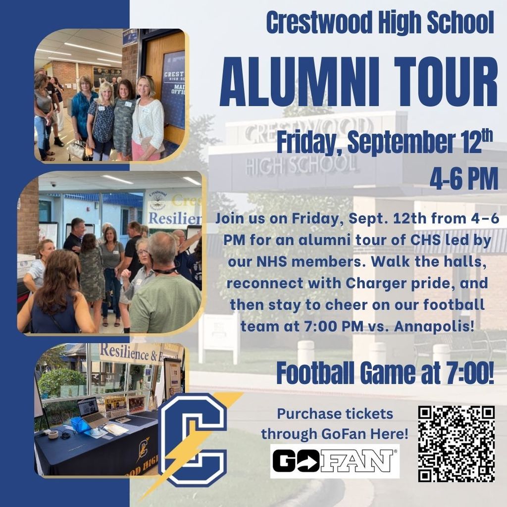Join us on Friday, Sept. 12th from 4–6 PM for an alumni tour of CHS led by our NHS members. Walk the halls, reconnect with Charger pride, and then stay to cheer on our football team at 7 PM vs Annapolis! Buy your FB tickets here! https://gofan.co/event/2256149?schoolId=MI9927