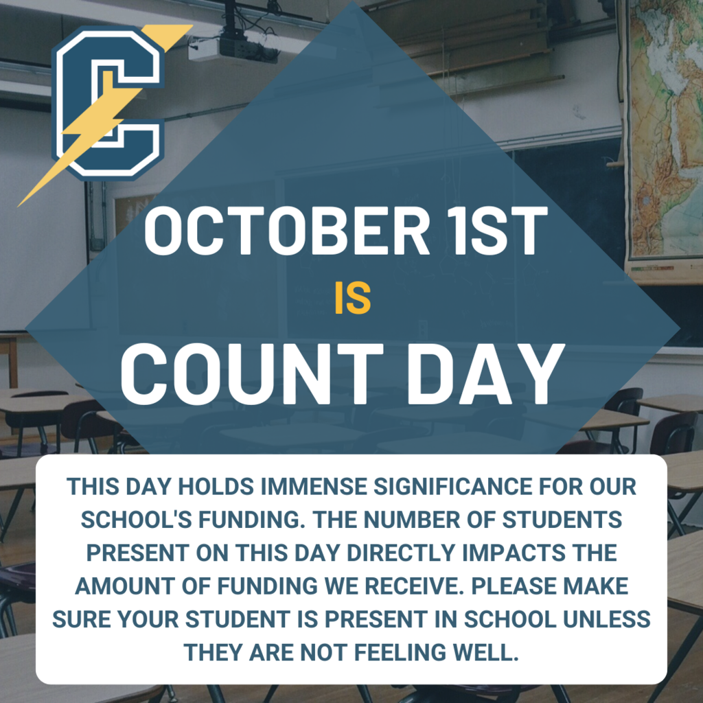 Count day is this Wednesday, October 1st. This day holds immense significance for our school's funding. The number of students present on this day directly impacts the amount of funding we receive. Please make sure your student is present in school unless they are not feeling well.