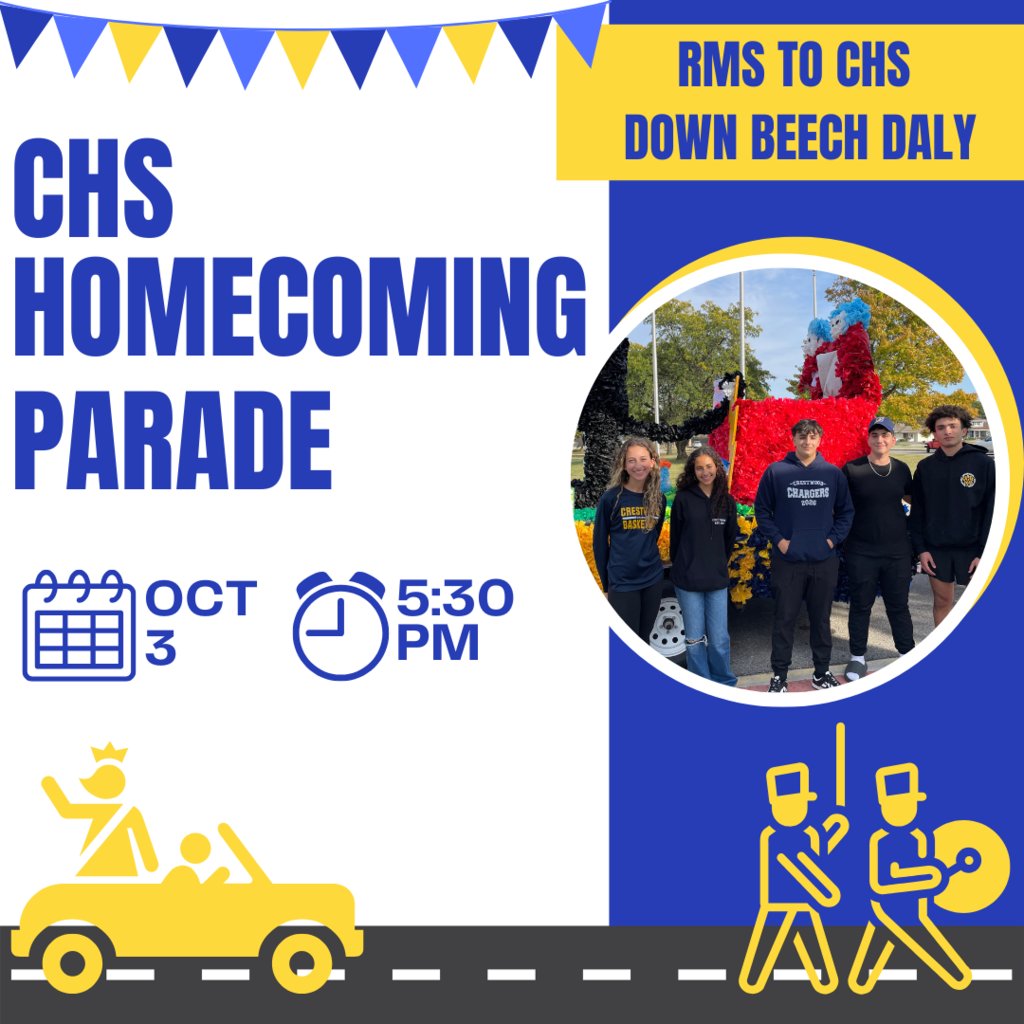 The CHS Homecoming Parade is TODAY, Friday, October 3rd at 5:30 PM. The parade starts at RMS and travels down Beech Daly to end at CHS. We can't wait to see your Charger Pride! Stay to watch the homecoming football game at 7:00 PM. Go Chargers!