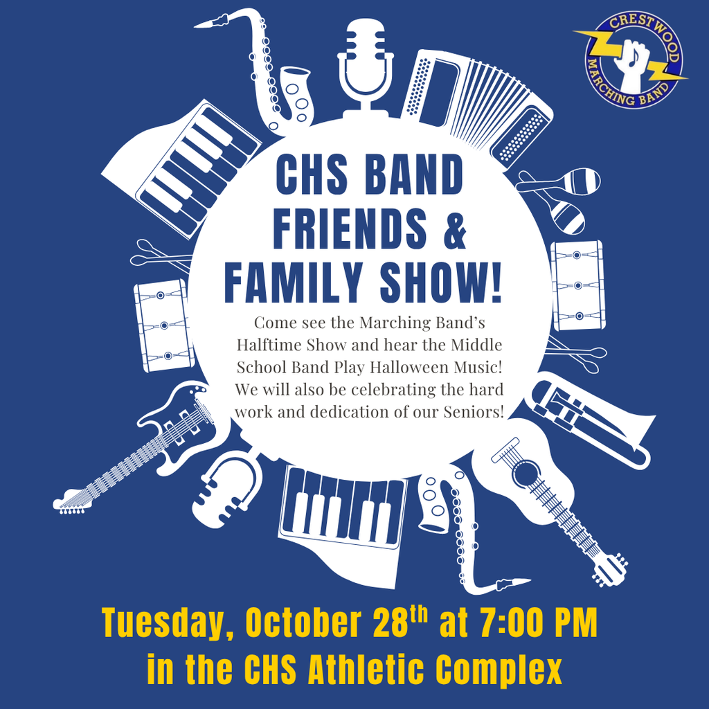 Join us for the Band Friends and Family Show on the athletic field at 7:00 PM on Tuesday, October 28th! The Crestwood Band will perform their exciting show, Thor’s Hammer, and we’ll take a special moment to recognize our graduating seniors for their dedication, hard work, and contributions to the band program. Come celebrate our amazing students and enjoy an evening filled with music, pride, and Charger spirit!