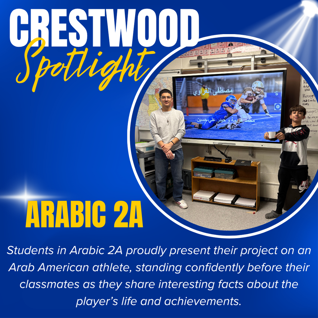 CHS Spotlight!  Students in Arabic 2A proudly present their project on an Arab American athlete, standing confidently before their classmates as they share interesting facts about the player’s life and achievements.